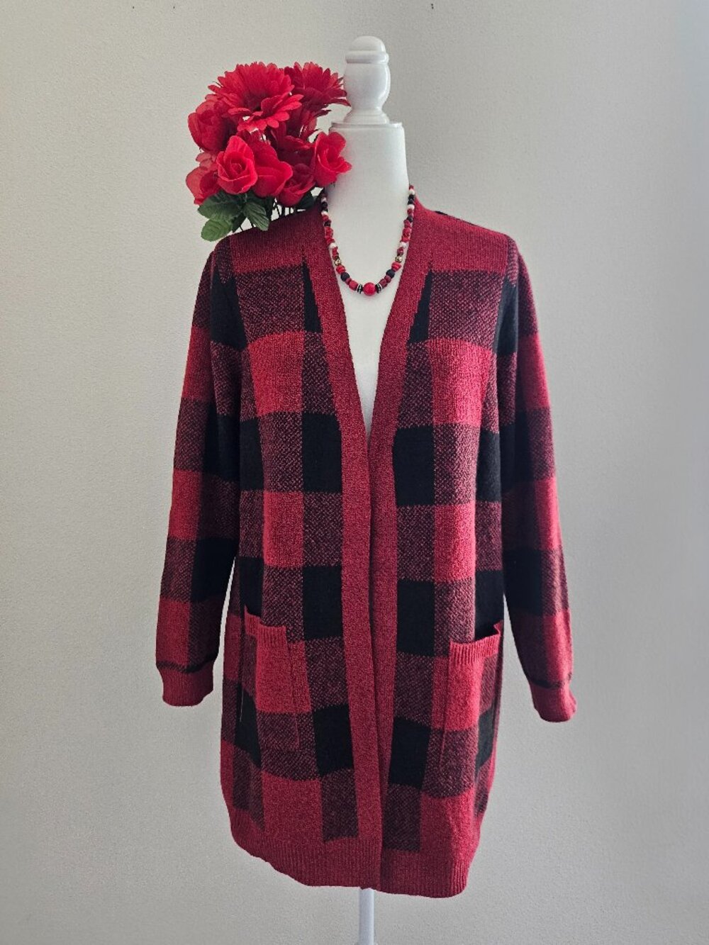 Buffalo Plaid Red Black Long Cardigan Cozy Knit Open Front XL